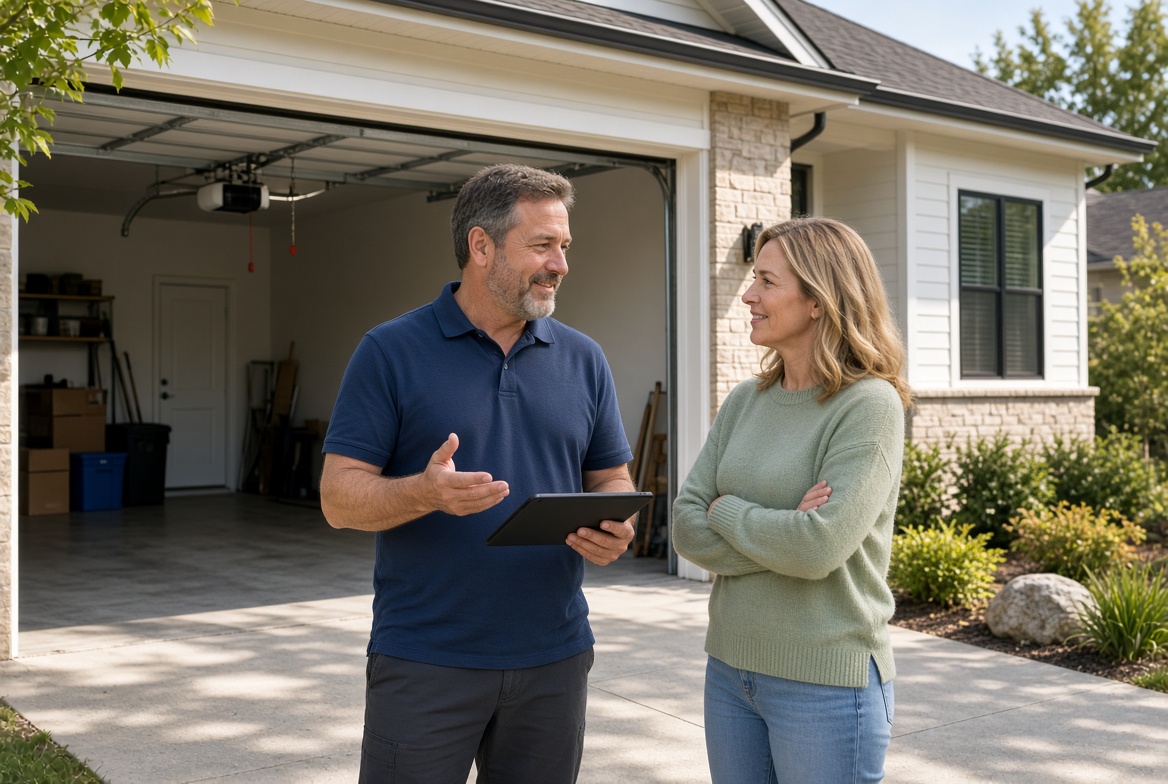 Garage door technician helping a homeowner outside an open garage