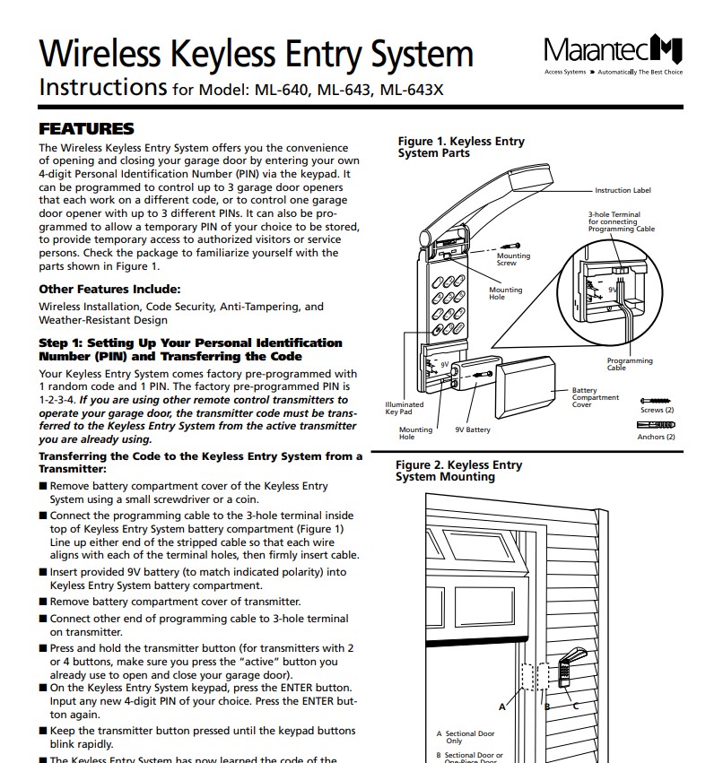 ML series keypad instructions cover