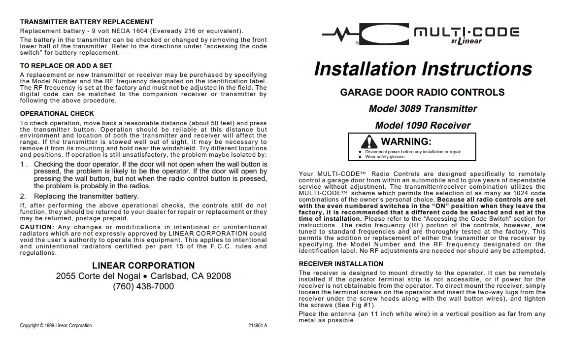 Multi-Code 1090 and 3089 instruction sheet