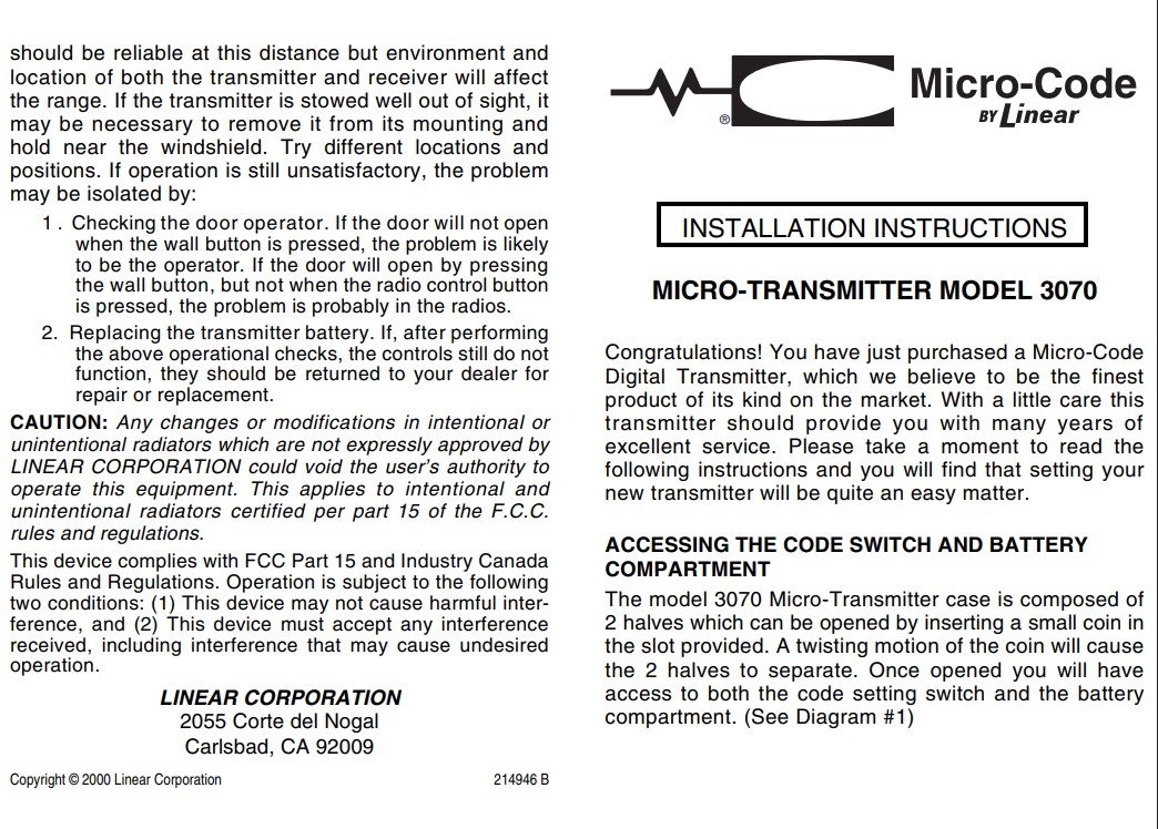 Multi-Code 3070 instruction sheet