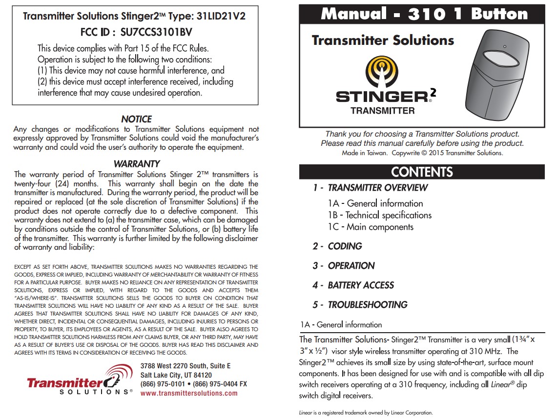 Stinger 310LID21V instruction sheet